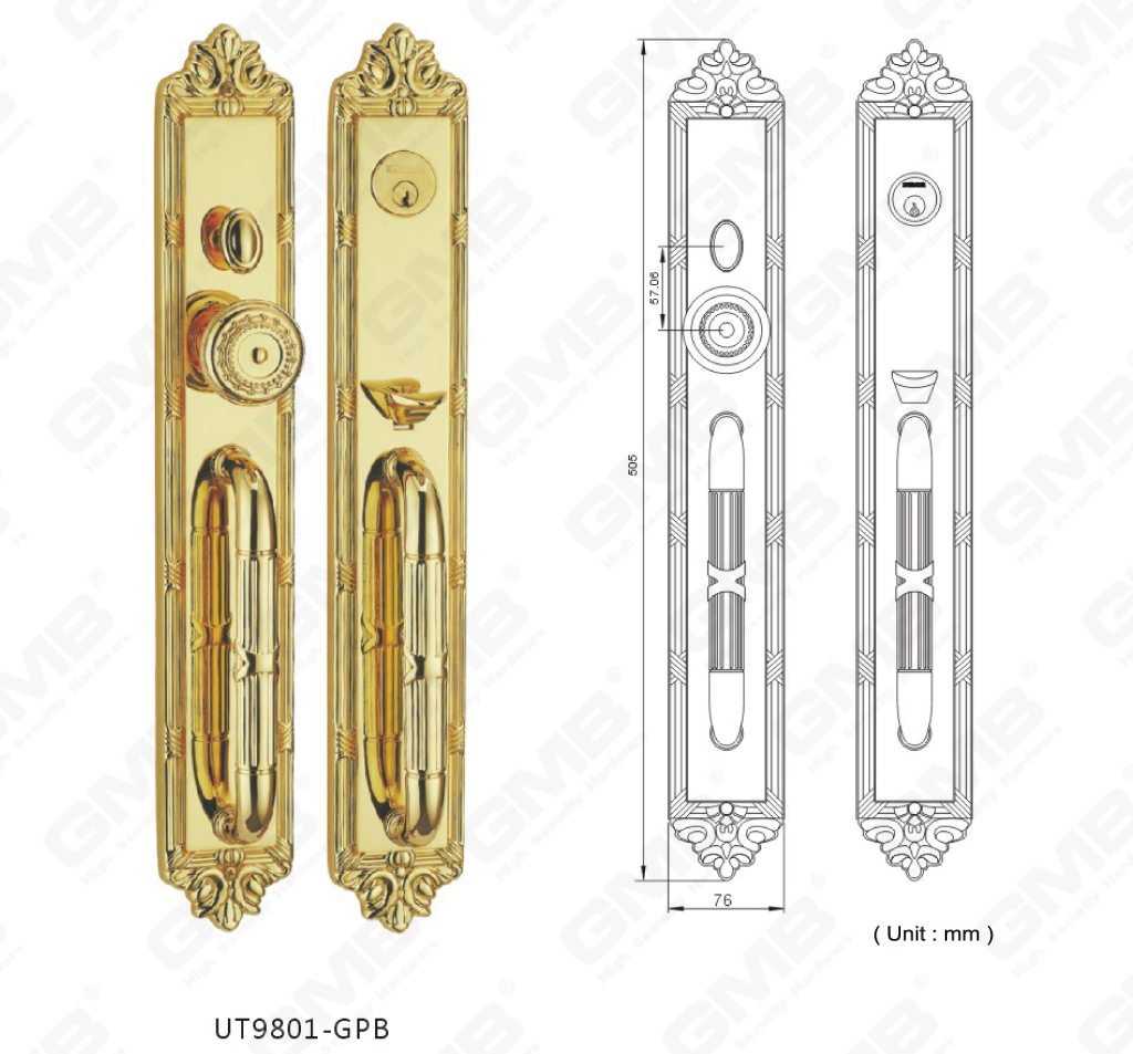Mosiężna klamka do drzwi zewnętrznych willi Zastosowanie locd Amerykańskie luksusowe zamki (UT9801-GPB)