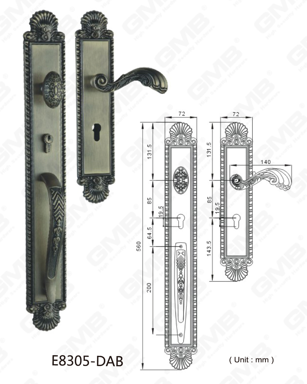 Wysoki poziom bezpieczeństwa ze stopu cynku na zewnątrz willi klamka do drzwi wejściowych do manekina z dwoma otwartymi drzwiami (E8305-DAB)